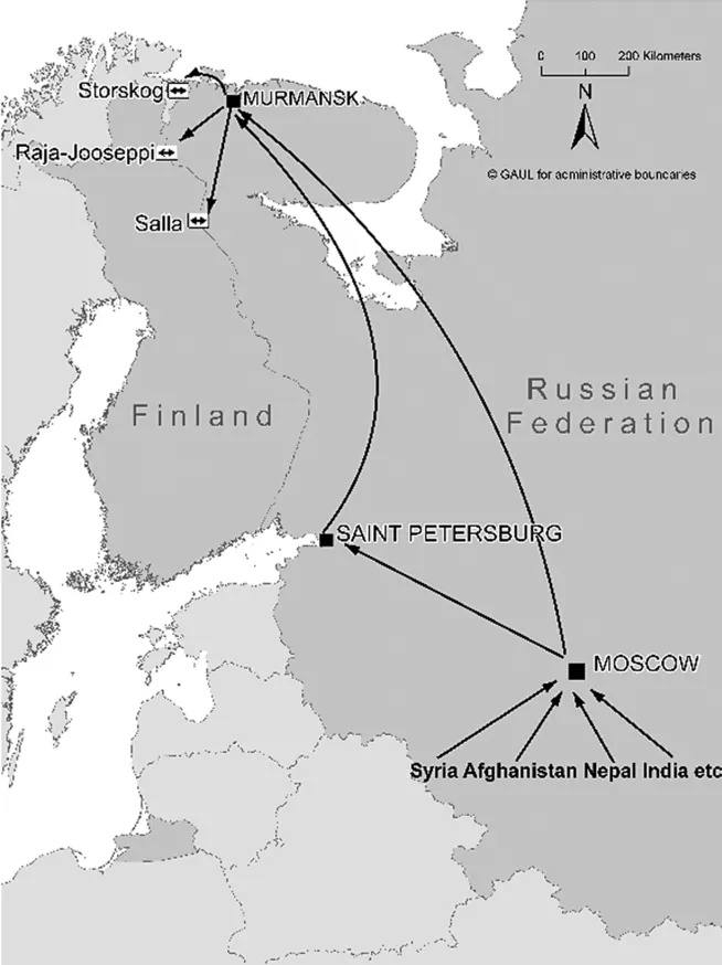 Map of the "Arctic route" from Middle East via Moscow and Murmansk to the northern border crossings at Norway and Finland.